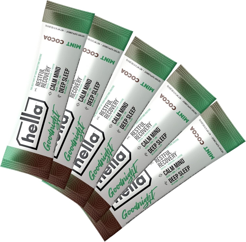 Hella Goodnight- Restful Recovery, Melatonin Sleep Drink Mix with Magnesium, 5-HTP, Reishi, GABA, 亜鉛, Nighttime Relaxationをサポート, Asleep & Stay Asleep, Mint Cocoa
