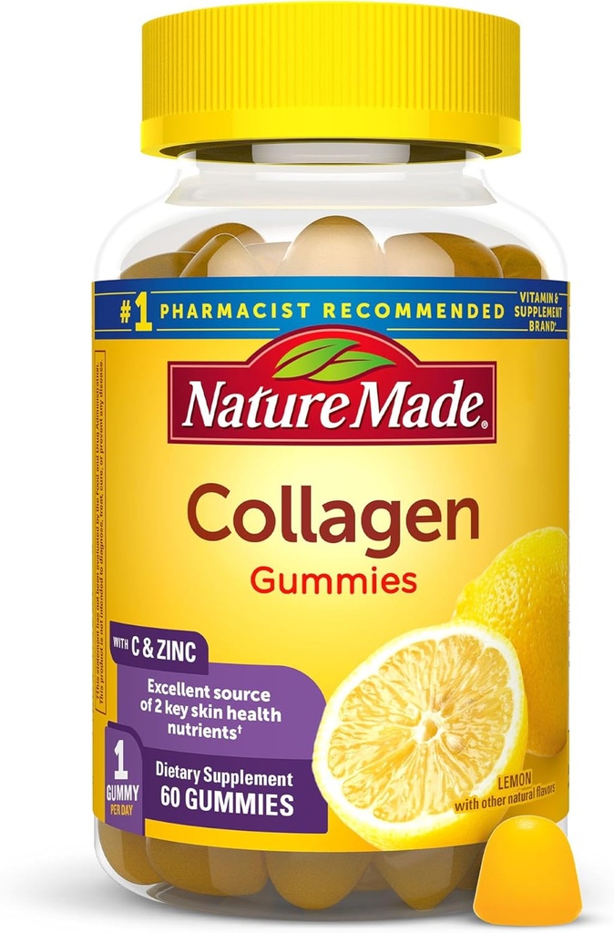 Nature Made Collagen Gummies with Vitamin C, Zinc and Biotin, Hydrolyzed Collagen Peptides Supplement for Healthy Skin Support, 60 Gummies, 60 Day Supply