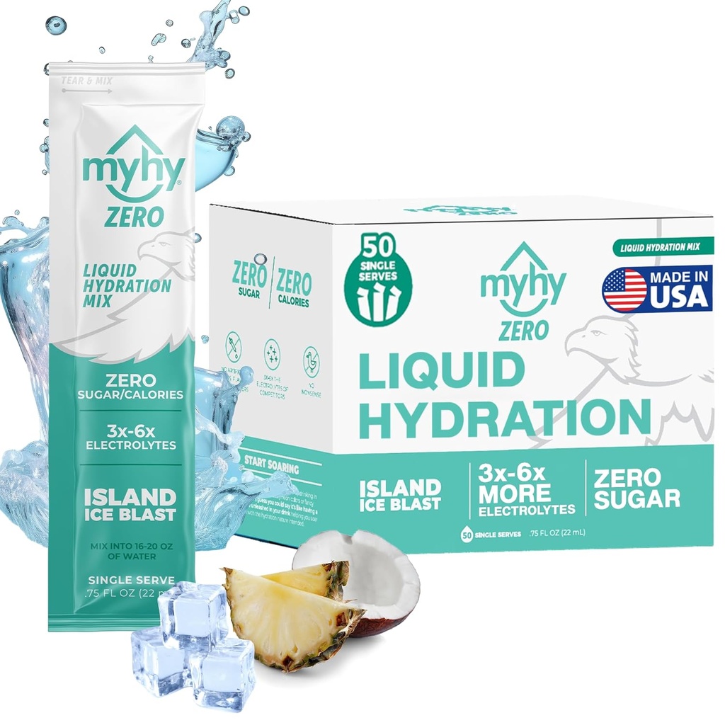 MyHy ZERO Liquid Hydration Packets, Sugar Free Electrolyte Drink Mix for Hydration Support, Dehydration Relief for Travel, Pregnancy, Fitness, Bachelor & Bachelorette Party – Ice Island, 50 Count