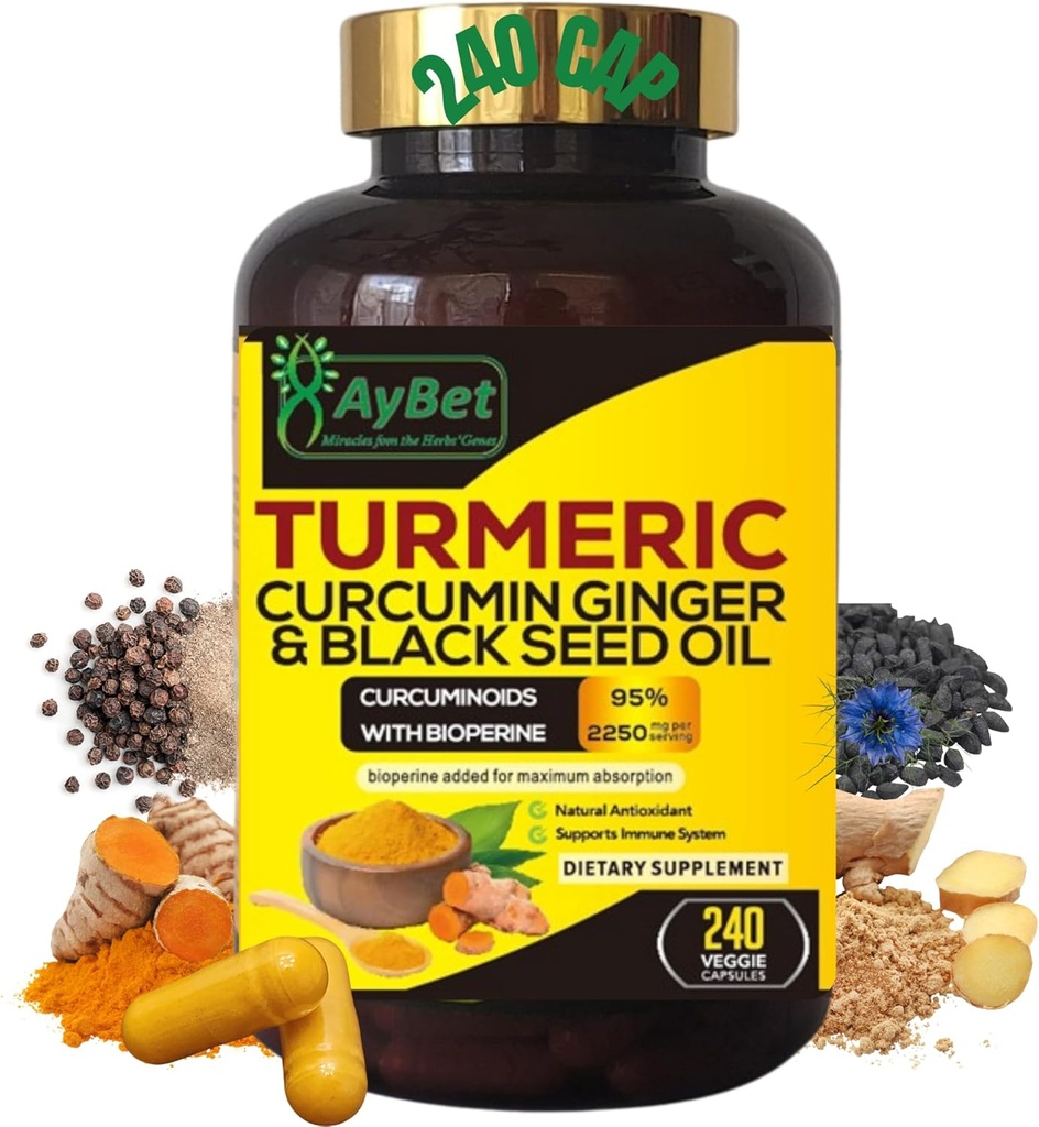 世界1st.Turmeric Curcumin Ginger&Black Seed Oil, 240 Caps, 2250mg, 95% Curcuminoids, BioPerin追加, 余分な強度, オーガニック, ハラール, ビーガン, サポート免疫システム, 抗酸化剤, 共同サポート