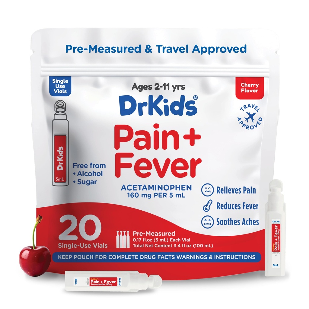 Dr. Kids Children's Pain and Fever Medicine - Acetaminophen for Kids Age 2-11, Pre-Measured シングルユースバイアル for Headache, Sore Throat, Cold and Flu, チェリーフレーバー, 20 カウント (パッケージ 1)
