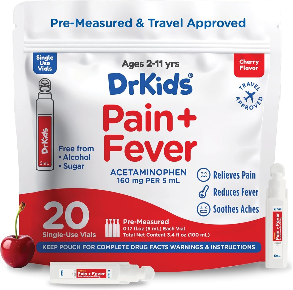 Dr. Kids Children's Pain and Fever Medicine - Acetaminophen for Kids Age 2-11, Pre-Measured シングルユースバイアル for Headache, Sore Throat, Cold and Flu, チェリーフレーバー, 20 カウント (パッケージ 1)