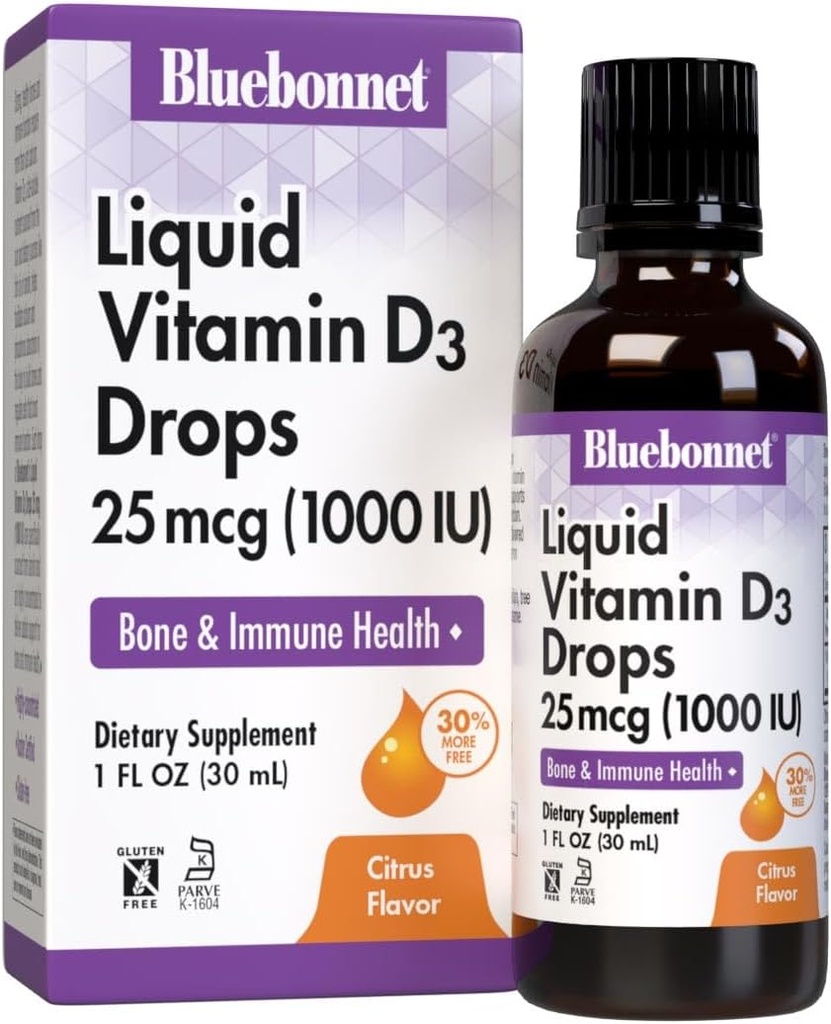 BlueBonnet Vitamin D3 1000 IU 25mcg Strong Bones & Immune Support Supplement - Liquid Vitamins for Women & Men - Lanolin VIT D Drops with MCT Oil - Non-GMO, Vegetarian - Citrus Flavor - 1 Fl Oz