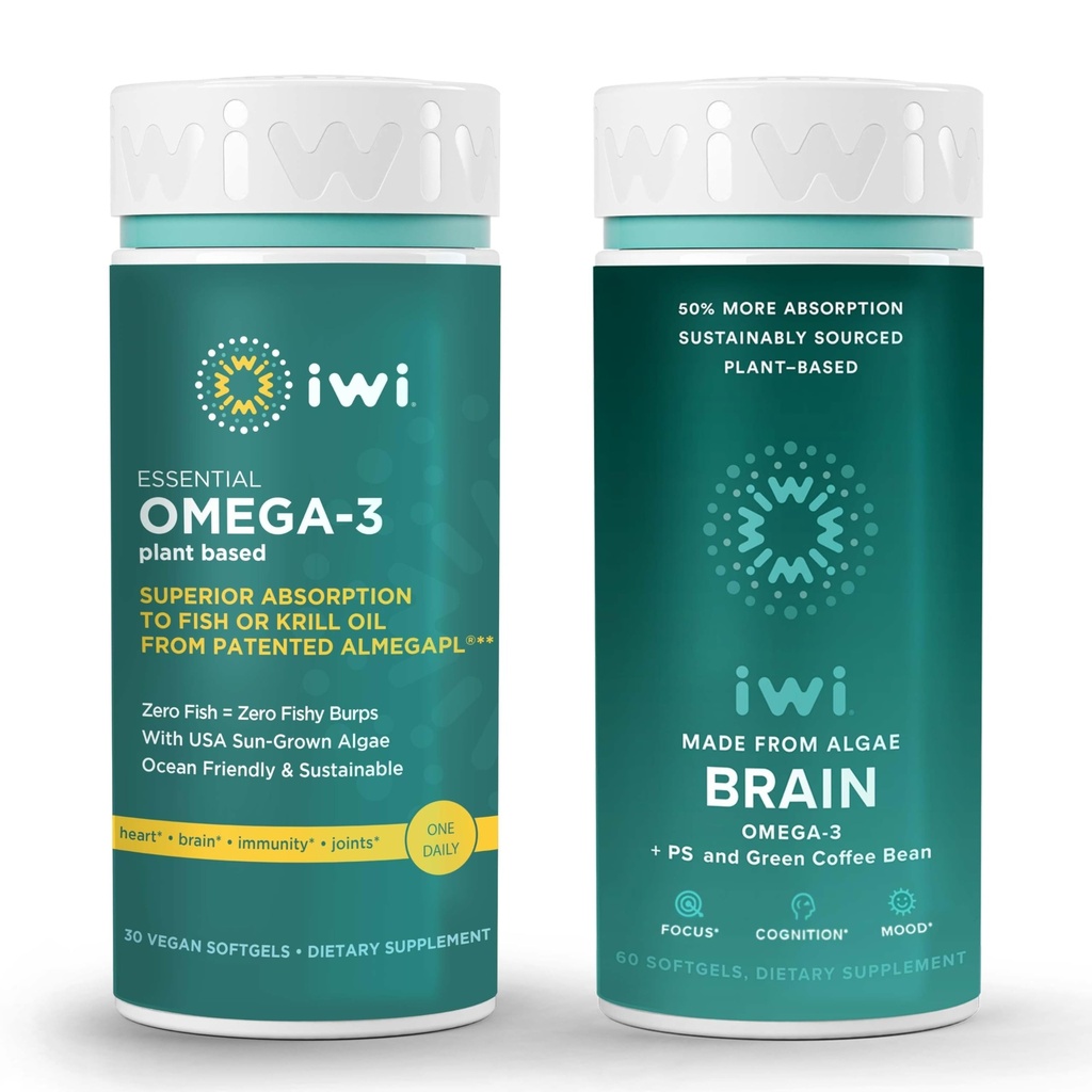 Iwi Omega-3 エッセンシャル & 脳のオメガ-3 バンドル, 30 サービング, ビーガン植物ベースの藻オメガ 3 EPA + DHA と, キル & 魚油代替, 魚介類の Aftertaste なし