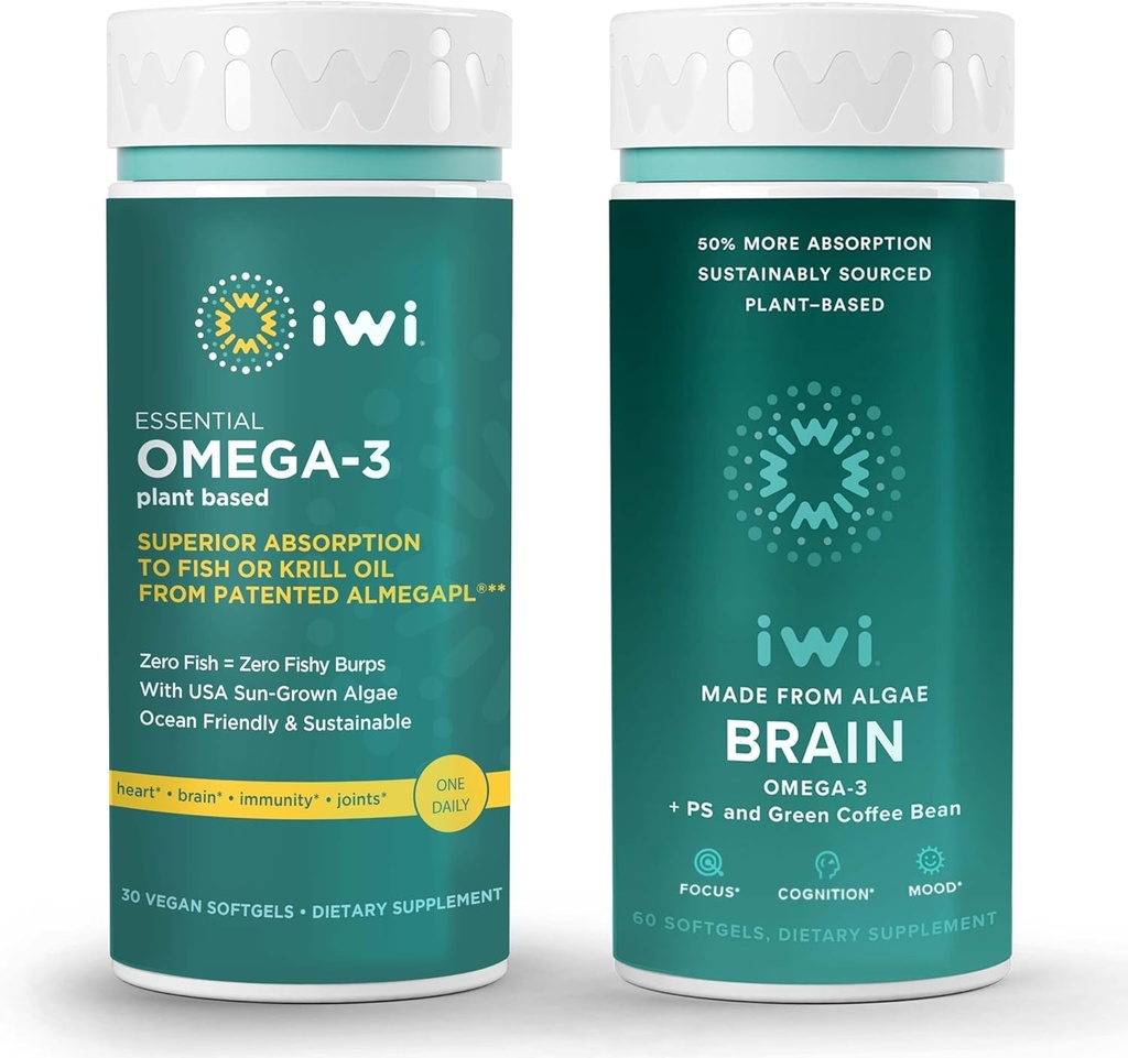 Iwi Omega-3 エッセンシャル & 脳のオメガ-3 バンドル, 30 サービング, ビーガン植物ベースの藻オメガ 3 EPA + DHA と, キル & 魚油代替, 魚介類の Aftertaste なし