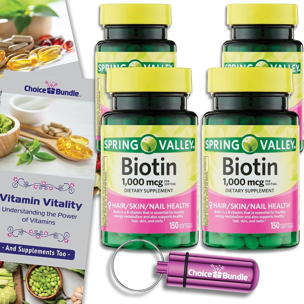 チョイスバンドルスプリングバレーBiotin Softgels 1000mcg 髪の爪の健康のための栄養補助食品 150 Ct 4 pk (600 合計) + ビタミンガイド & ピルコンテナ (6 アイテム)!