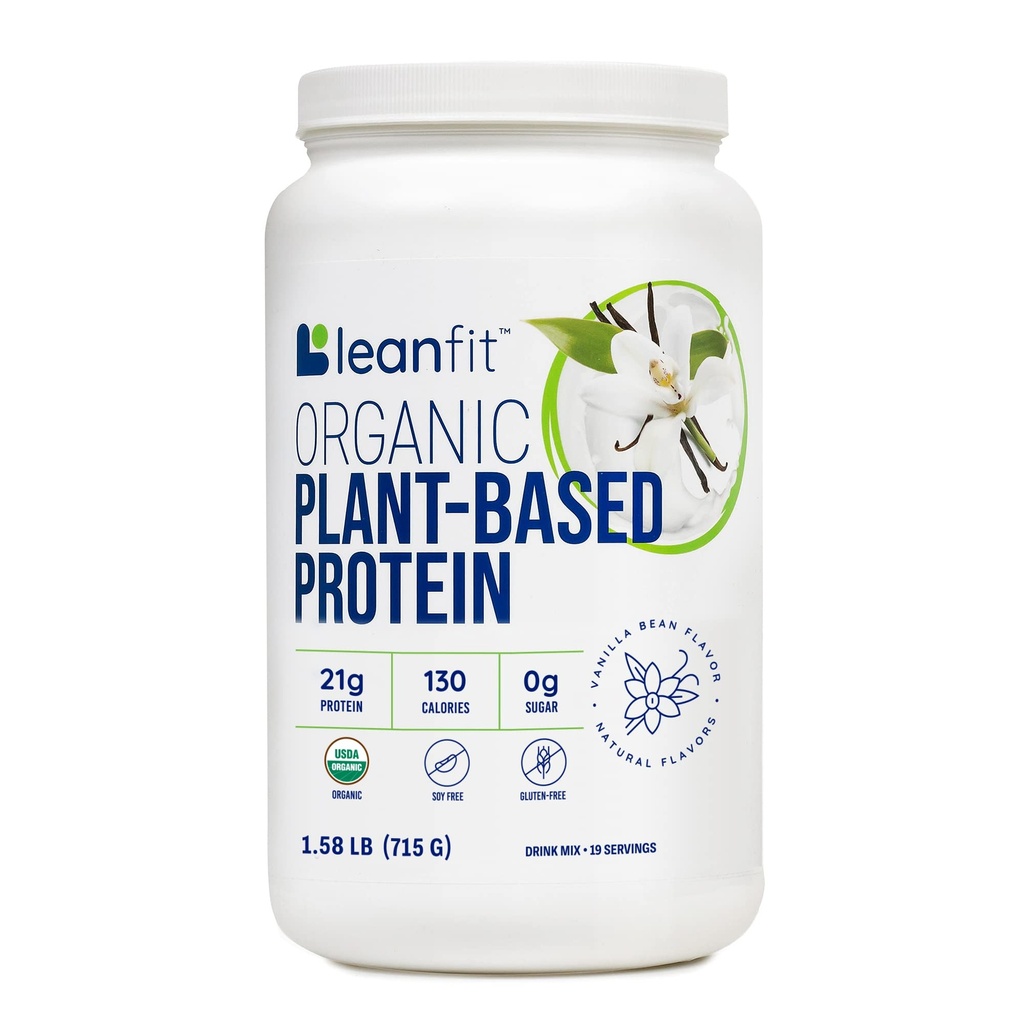 LeanFitオーガニック植物ベースのタンパク質パウダー、天然バニラ味 - ビーガン、USDAオーガニック認定、大豆フリー、グルテンフリー、乳製品フリー、砂糖フリー、非GMO - 21gタンパク質、19給餌、1.58ポンドチューブ