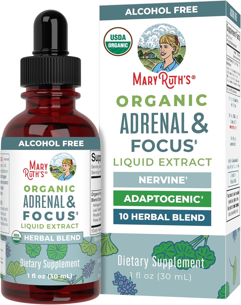 MaryRuth Organics - USDA Organic Brain Nootropic Supplement for Adults with Ginkgo Biloba & Astragalus | Focus & Adrenal Support | Brain & Memory Drops | Vegan | Non-GMO | Gluten Free | 30 Servings
