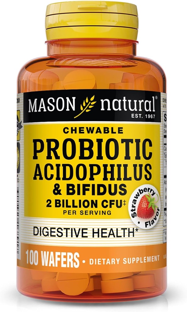 MASON NATURALのBifidus、50の日の供給が付いているProbioticのAcdophilusは健康な正常な消化、いちごの味、100のChewableのウエファーを支えます