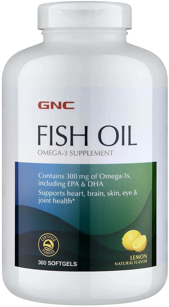 GNCの魚油オメガ3の補足、300mg EPAおよびDHAのレモン味、サポート中心、頭脳、皮、目および接合箇所の健康、360のSoftgelsの360のサービング