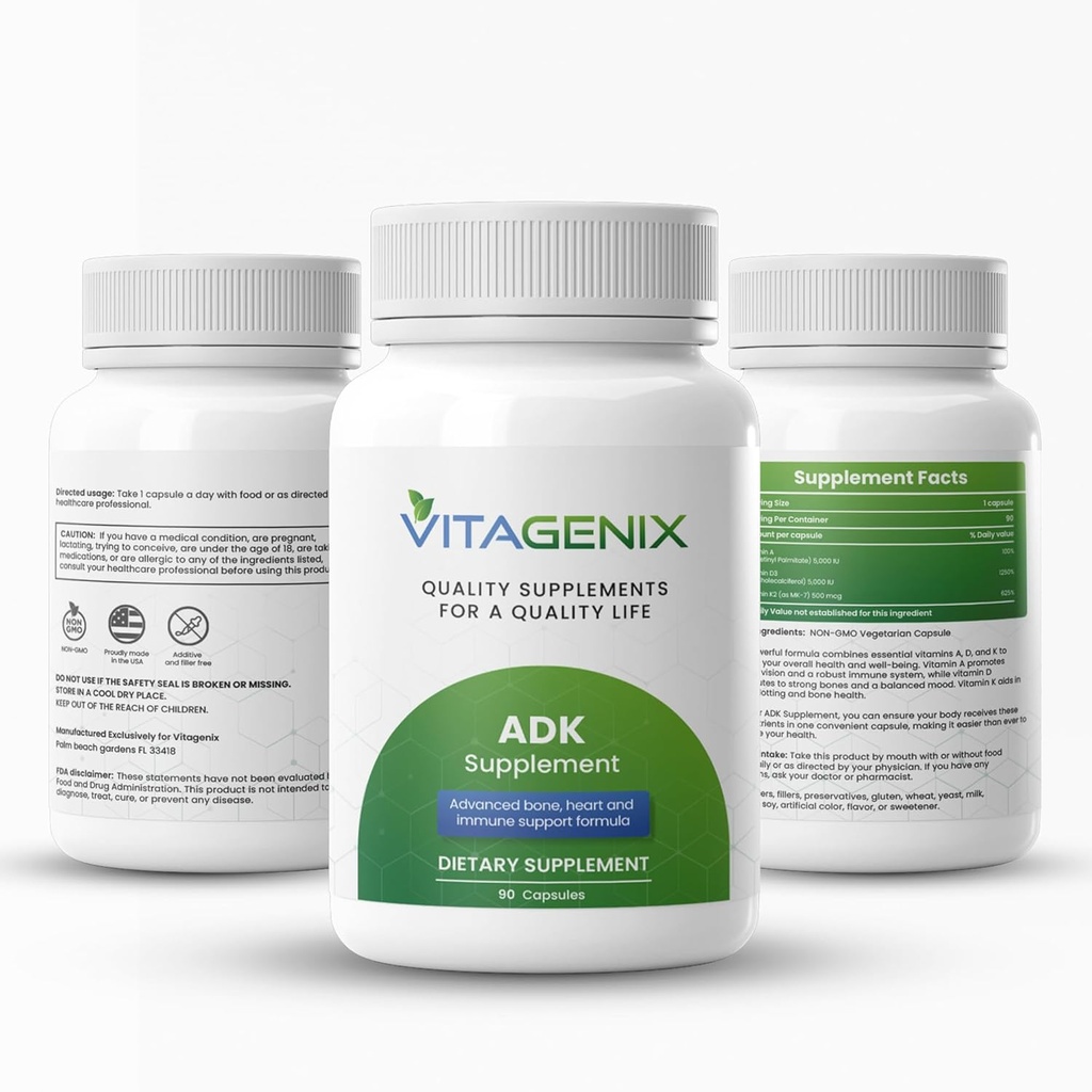 ADK 10 - Vitamin A, D3 & K2 Supplement for Men & Women - High Potency Vitamin ADK - Helps Support Immune, Bone & Heart Health - 90 Capsules