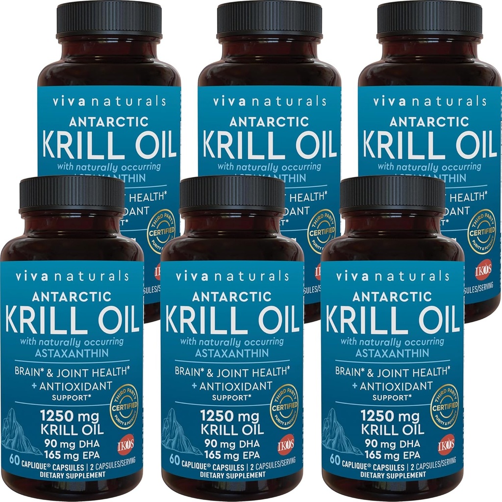 Viva NaturalsのAntarcticのKrillオイル1250のmg、Omega 3 EPA DHAおよびアスタキサンチン、反酸化性の特性の共同サポートおよび頭脳の補足、Fishy Aftertaste無し(6のパック)