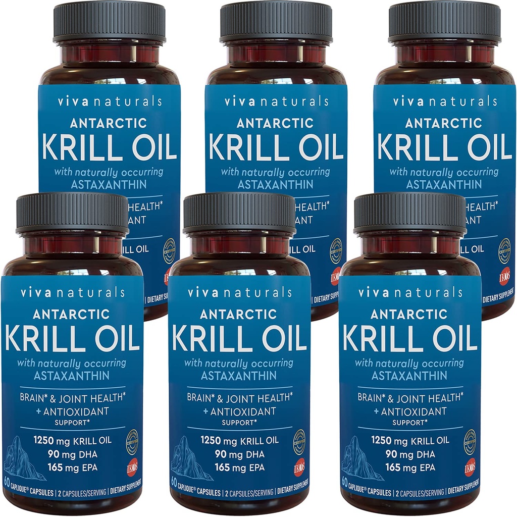 Viva NaturalsのAntarcticのKrillオイル1250のmg、Omega 3 EPA DHAおよびアスタキサンチン、反酸化性の特性の共同サポートおよび頭脳の補足、Fishy Aftertaste無し(6のパック)