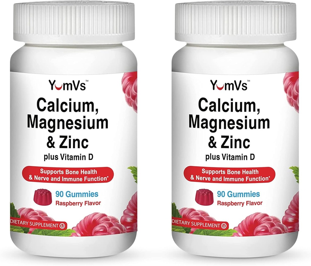 YUM-V'S Calcium, Magnesium, Zinc and Vitamin D Gummies (90 Count) - Calcium Gummies with Vitamin D3 + Zinc & Magnesium Supplements - Delicious Bone Health Gummy Supplement for Men, Women & Kids