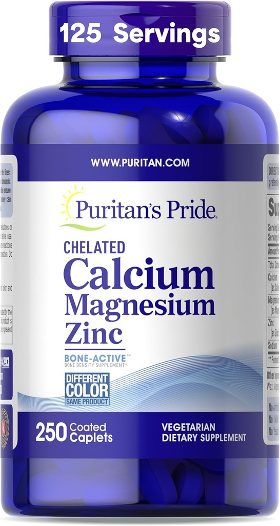 Puritan's Pride Premium Chelated Calcium マグネシウム亜鉛(Bone-ActiveTM)、Bone Healthと免疫機能サポートのためのサプリメント、250コーティングカプレット