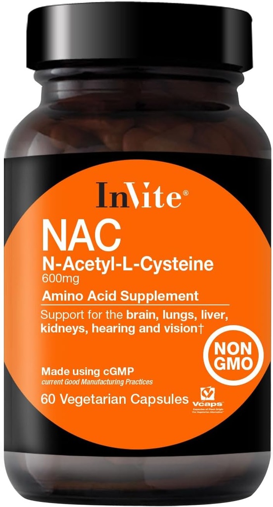 Invite Health N-Acetyl Cysteine(NAC) - 肝臓と脳の健康をサポート - 必須アミノ酸L-Cysteineとトリペプチドグルタチオンへのプレカーサー - 60ベジタリアンカプセル(2-パック)