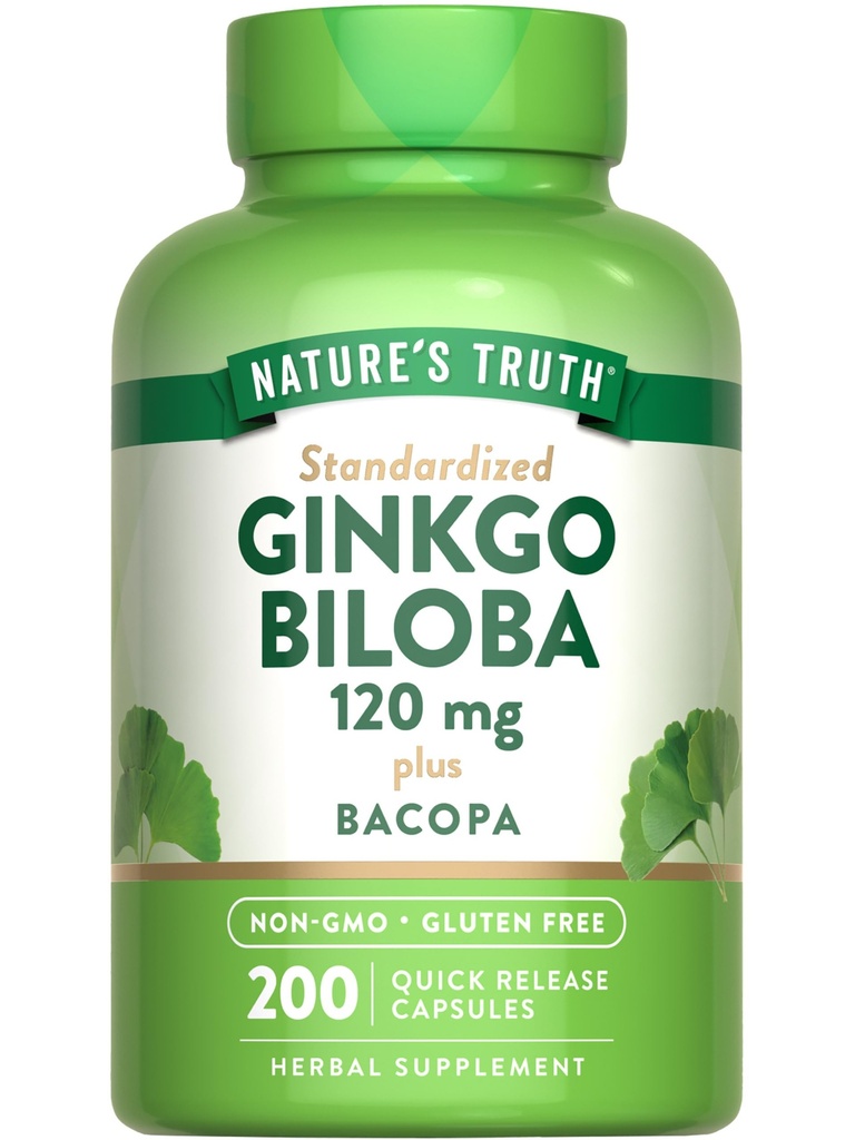 Nature's Truth Ginkgo Biloba 120mg | Plus Bacopa | 200 クイックリリースカプセル | 標準化エキス | 非GMOとグルテンフリーサプリメント