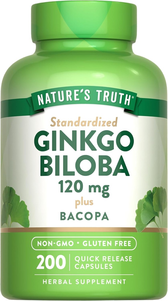 Nature's Truth Ginkgo Biloba 120mg | Plus Bacopa | 200 クイックリリースカプセル | 標準化エキス | 非GMOとグルテンフリーサプリメント