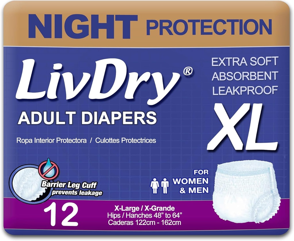 LivDry XL 夜 女性と男性のための大人のおむつ, 無限下着, X-Large, 12-パック