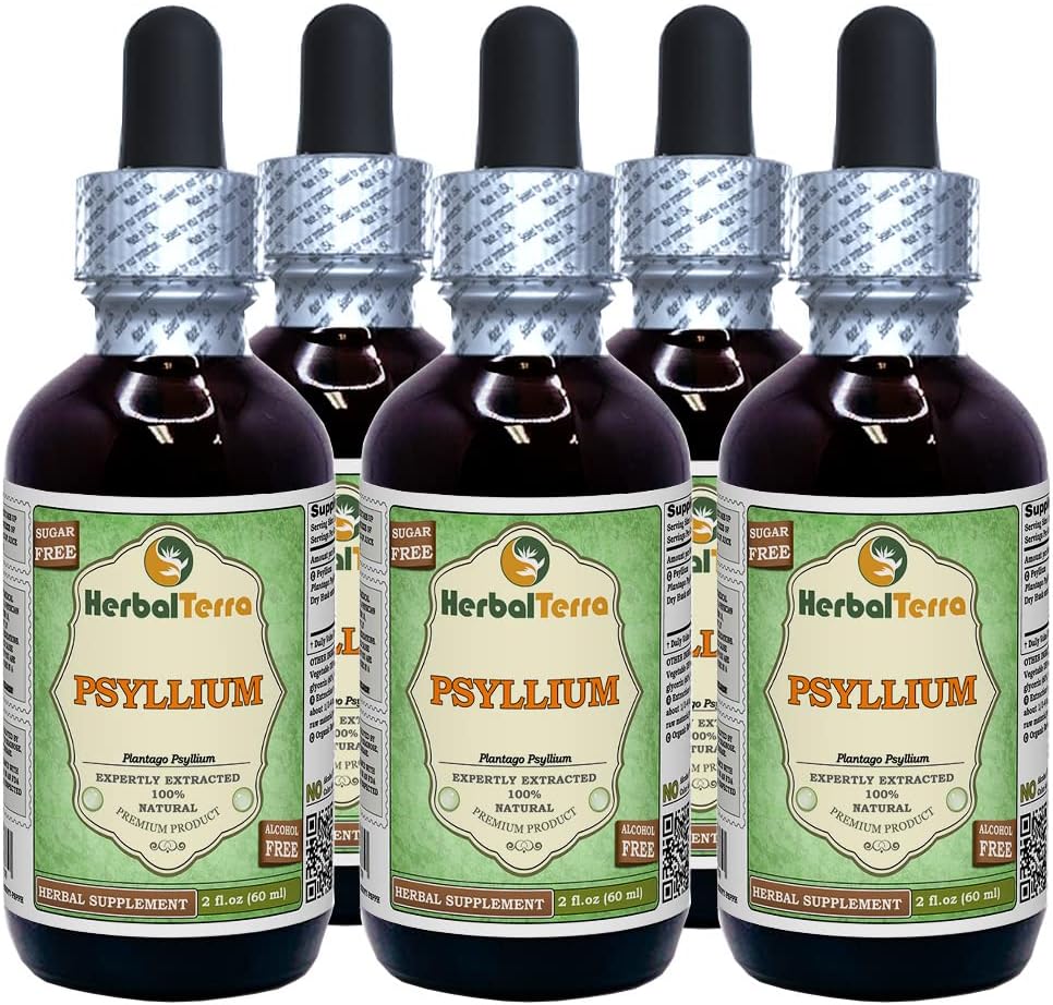 Psyllium(Plantago Ovata)グリセライト、有機乾燥ハスクアルコールフリー液体エキス(ブランド名:HerbalTerra、米国製)5x2 fl.oz (5x60 ml)