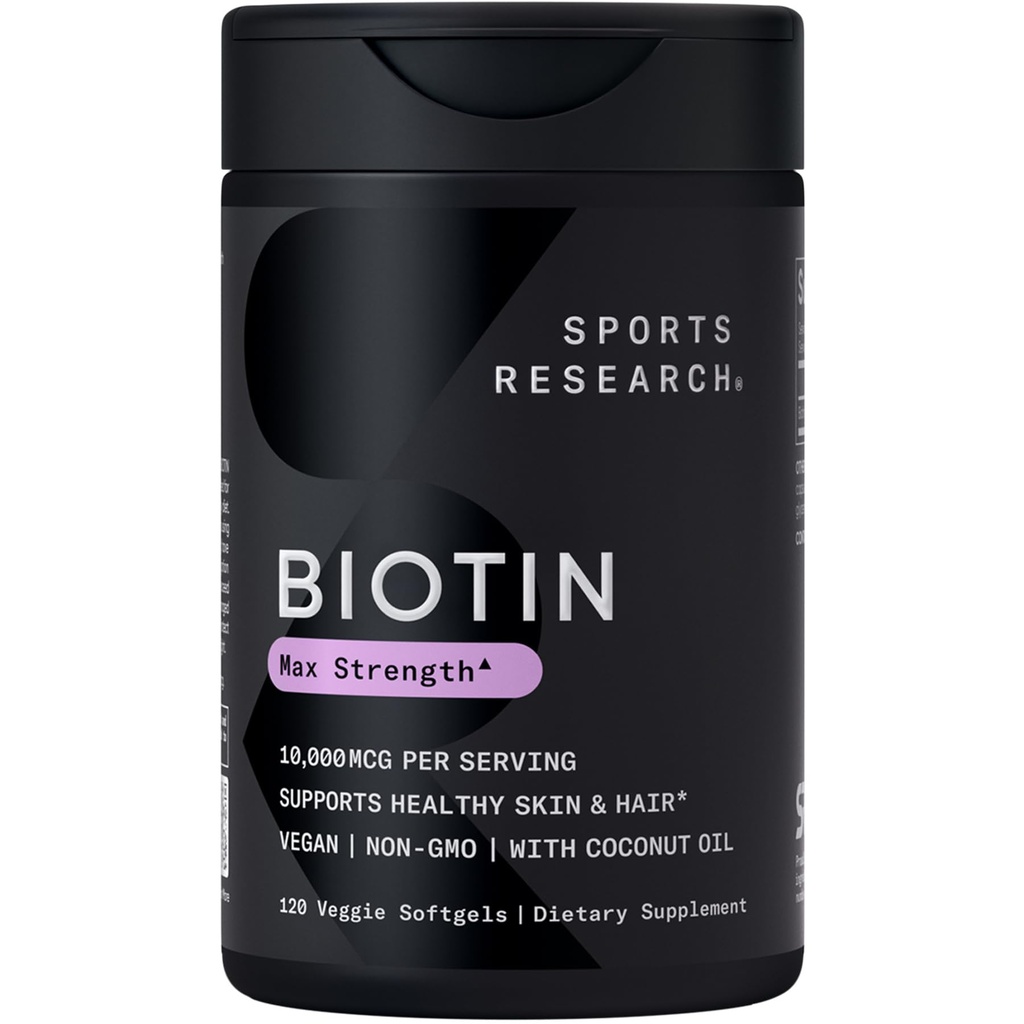 オーガニックココナッツオイルでスポーツリサーチ® ビオチン10,000mcg - ヘルシー肌と髪のサポートのためのバイオチン(ビタミンB7) - 女性と男性のための - ビーガン、非GMO、グルテンフリー&大豆フリー - 120ベジギーソフトジェル