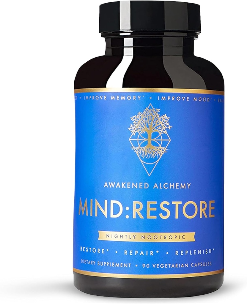 MIND:RESTOREプレミアムナイトタイム向知性サプリメント | 記憶と眠りのための脳栄養 | 9 プレミアム成分 | L テアニン ライオンズ マネ コリン マグネシウム L  Threonate ビタミン B6 バコパ モニーリ