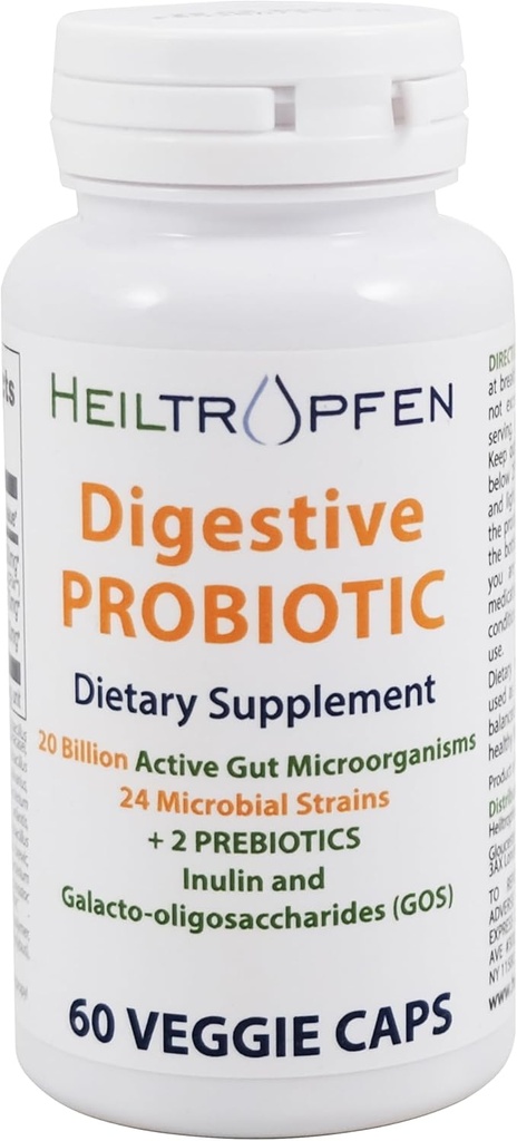 Heiltropfen Digestive Probiotic + Prebiotic | 24 Strains | 20 Billion CFU | 60 Capsules | Active Gut | Inulin and GOS | Dietary Supplement