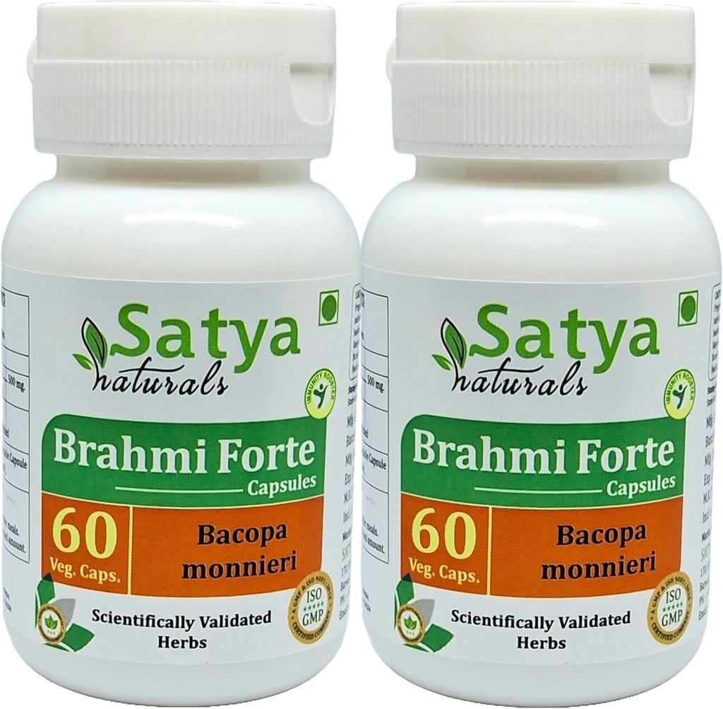 ブラフミ フォルテ カプセル 500 mg. 60 Veg. カプセル | ブラフミ (Bacopa モニーリ) 男性と女性のための抽出カプセル | アーユルヴェーダ ハーブサプリメント/救済 | 10:1 フォルテ (2 ボトル 60 カプセル)