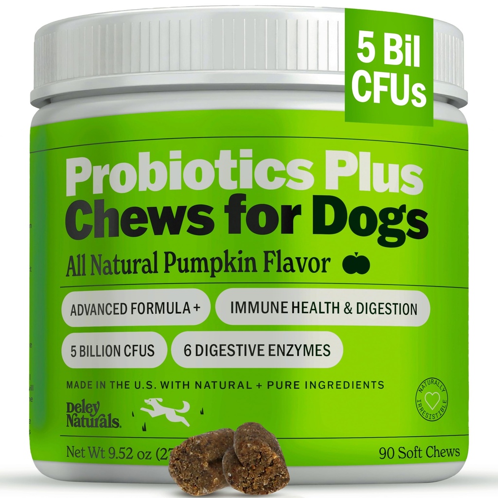 Deley Naturals Probiotics Plus Chews for Dogs, Gut Health Supplements, 5 Billion CFU's, Digestive Enzymes, プレバイオティクス, 犬アレルギー, 糖尿病, イースト, カボチャ風味, 90 カウント - アメリカ製