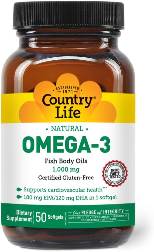 Country Life Omega-3 Fish Oil Supplement, 10000mg,180mg EPA & 120mg DHA, Fish Oil Concentrate, Burpless, 50 Softgels, Certified Gluten Free