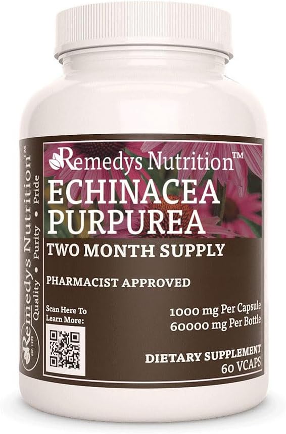 Remedy's Nutrition Echinacea | 1,000 mg, 60 ビーガンカプセルハーブサプリメント | 2 ヶ月の供給