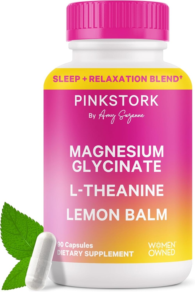 Pink Stork Magnesium Glycinate, L-Theanine, Lemon Balm - Melatonin-Free Magnesium for Sleep Support - Natural Calm and Relaxation - 90 Capsules