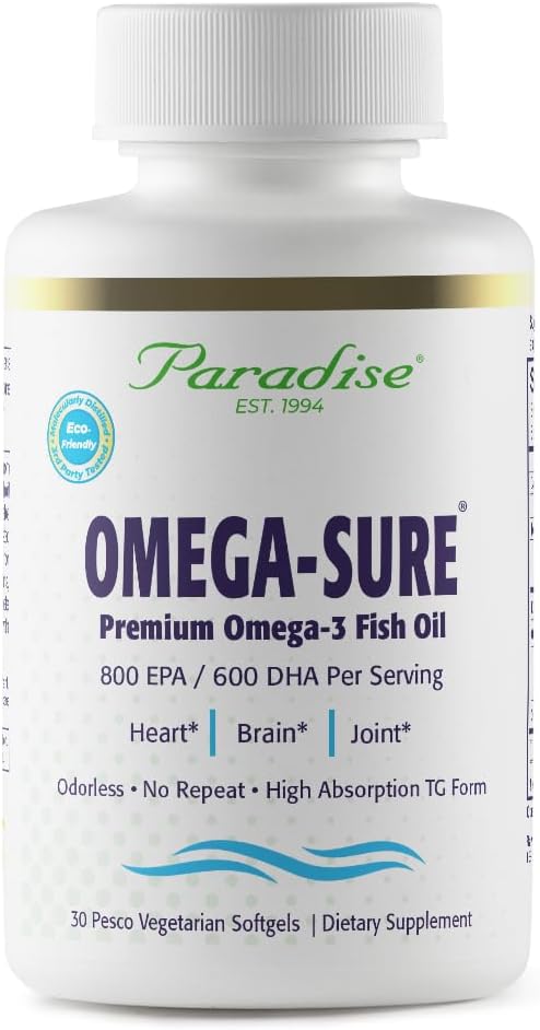 パラダイスハーブオメガ-Sure、オメガ-3濃度、プレミアムフィッシュオイル、DHA、EPA、ビーガン、非GMO、グルテンフリー、30カウントベジタリアンSoftgels