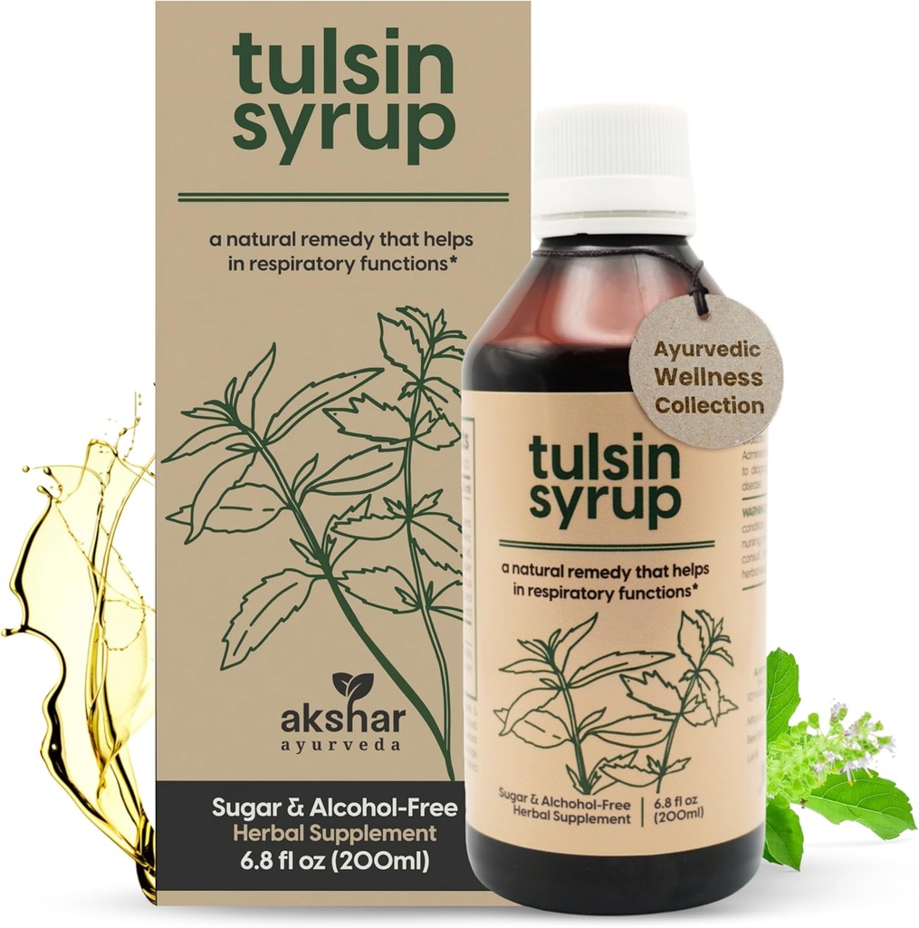 AKSHAR Ayurveda - Tulsin Syrup、Licorice、Ginger、Turmeric、Basil、Malabarのナットが付いている自然な咳のシロップ - 呼吸器肺の健康の補足、Mucusの救助及びBronchialのウェルネスのシロップ(6.8のflのoz)