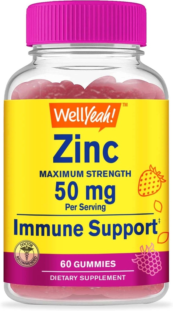 WellYeah亜鉛グミー50mg - 健康な免疫機能と抗酸化健康をサポート - 天然ベリー風味 - グルテンフリー、GMOフリー - 咀嚼可能なガミーサプリメント - 60グミ
