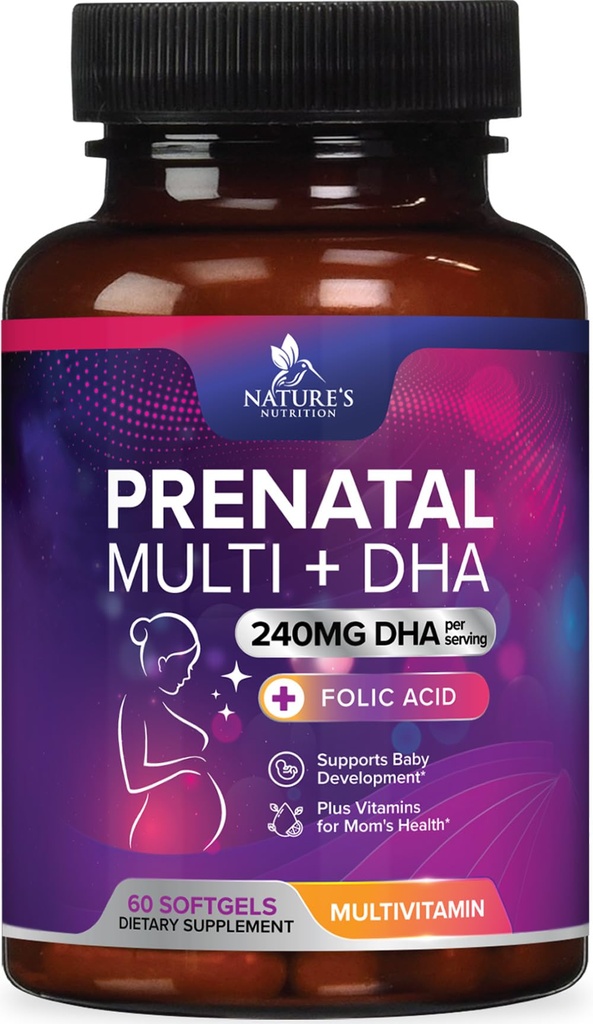 葉酸&DHA、葉酸&オメガ3による胎児のビタミン、女性、ビタミンA、C、D、B6、B12、および鉄、妊娠サプリメント - 60 Softgels