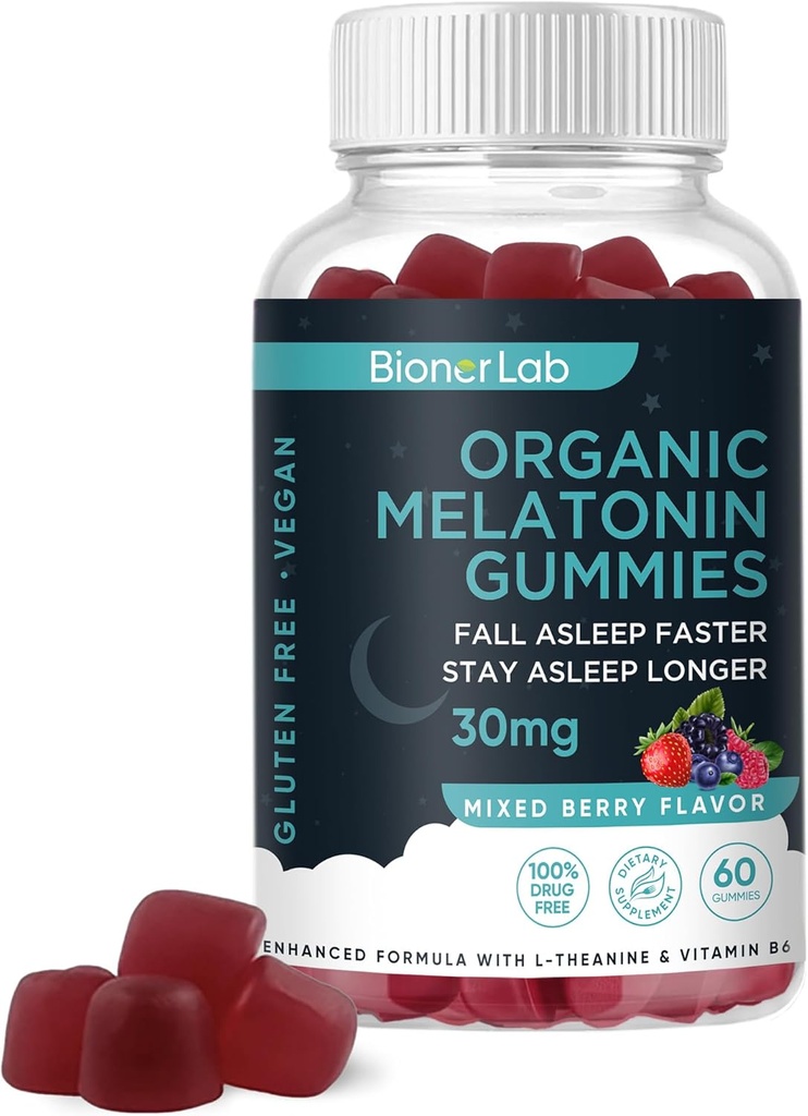 BionerLab Melatonin Gummies(30mg)は、大人の女性男性のためのL-テアニン&ビタミンB6で強化 - 余分な強度のChewables Calm Gummy - グルテンフリー