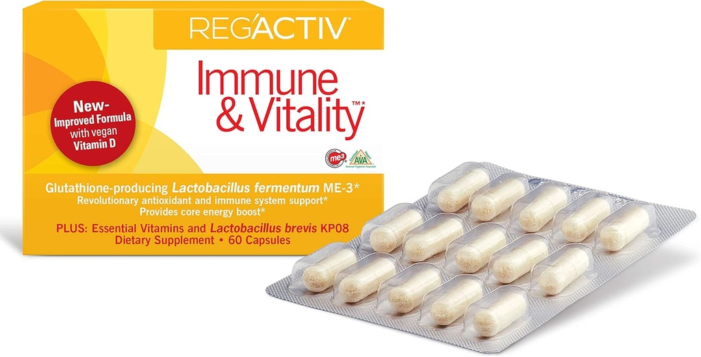 Reg'Activ Immune&Vitality - 乳酸菌発酵槽ME-3消化健康グアット健康補助食品のためのプロバイオティクス、免疫健康維持に不可欠ビーガンビタミン