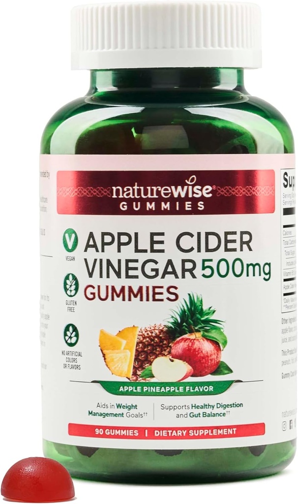 NatureWise Apple Cider Vinegar Gummies - 1000mg ACV / 2 +ビタミンB12 - Pectinベースのビーガン、グルテンフリー、非GMO -90カウント[1000mgまたは500mgのための3ヶ月のための45日の供給]