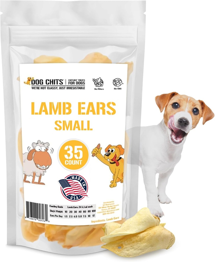 Dog Chits Lamb Ears for Dogs – 100% Natural Baked Lamb Ear Dog Treats – Grain-Free, High Protein, Lower Fat Training Chews – Dental Health & Joint Support – for Medium and Small Pups – 35 Pack