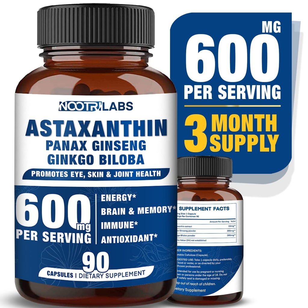 アスタキサンチン15mg + Panax Ginseng、Ginkgo Bilobaサプリメント、90ビーガンカプセル、目の健康エネルギーを促進する、心血管サポート+免疫防御と焦点