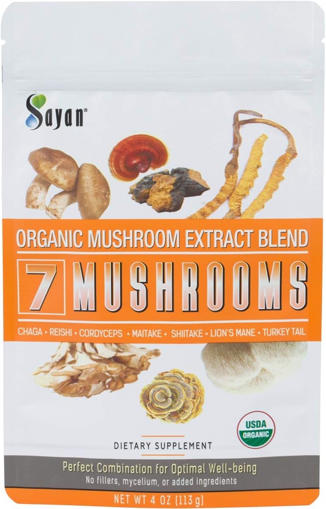 Sayan 7 のきのこ USDA の有機性エキスの粉のブレンドの補足 4 oz/113g - チャガ、Reishi、Cordyceps、Maittake、ライオンのマネおよびトルコの尾、フィラー無し、コーヒーか茶、フルーツ ボディに加えて下さい