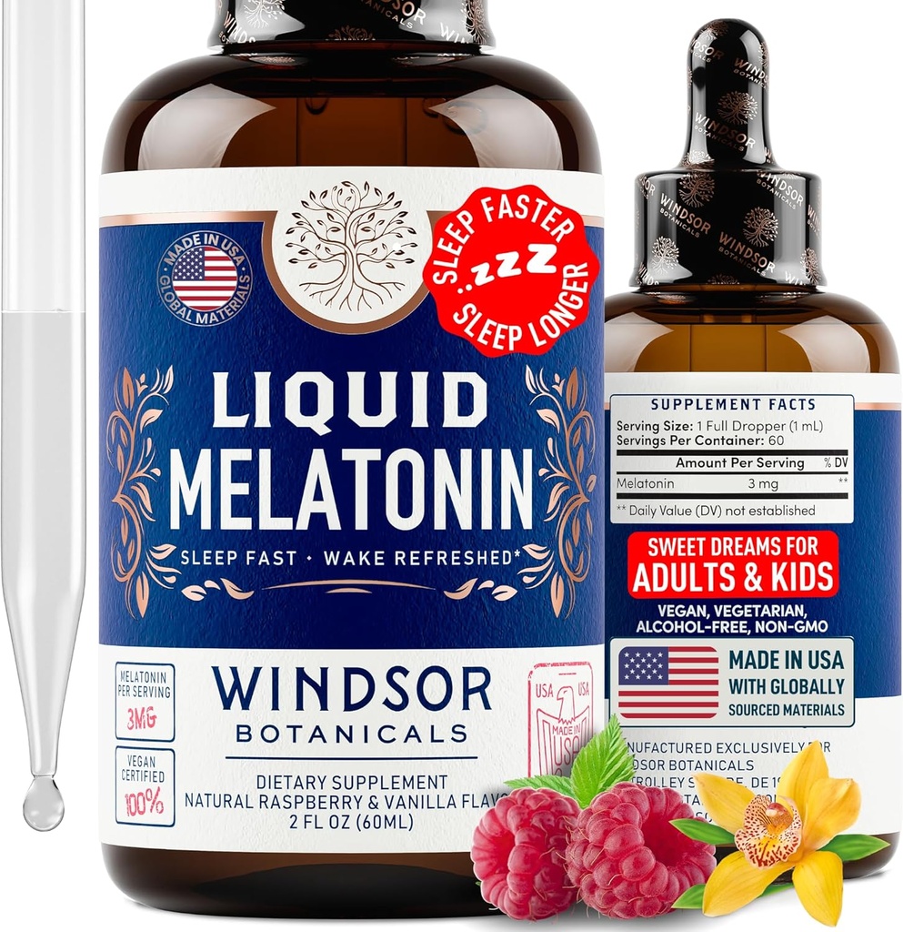 Liquid Melatonin for Adults and Kids 6 Years Up - 3mg Melatonin Drops Extra Strength Liquid Sleep Aid - Fast Absorbtion, Raspberry Vanilla Flavor Melatonina - 2oz, 2-Month Supply, Made in USA