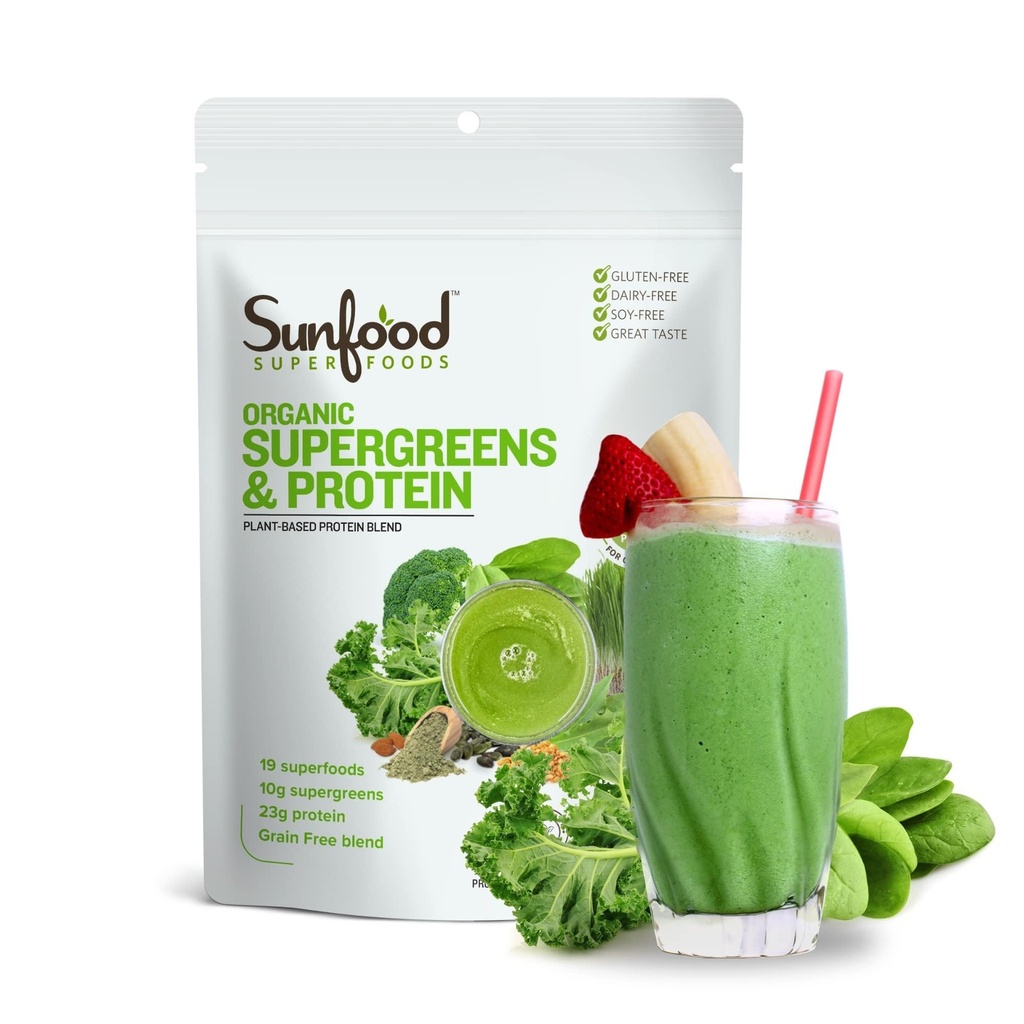 Sunfoodオーガニックスーパーグリーン&プロテイン - グリーンスーパーフードパウダー、オーガニックプロテインパウダー、植物ベースのビーガンプロテイン、グアットヘルスw / クロレラ&スピルリナ、サービングあたり23gタンパク質 - 8オンス