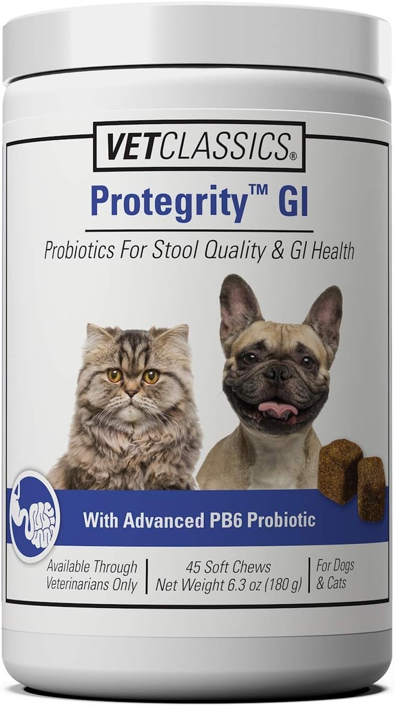 Vet Classics 犬と猫のためのプロテグリティ GI プロバイオティクス スツールの品質 & 消化管の健康, ストレスとバランスの取れたGI健康をサポート, 45 柔らかい咀嚼