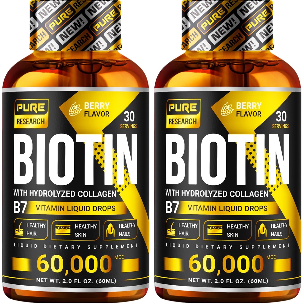 PURE RESEARCH ビオチン&コラーゲン 60,000mcg 毛の成長の液体の低下、サポート: 強い釘、輝く皮、健康な毛の成長、カプセル及び丸薬よりより多くの吸収(4Fl Oz)