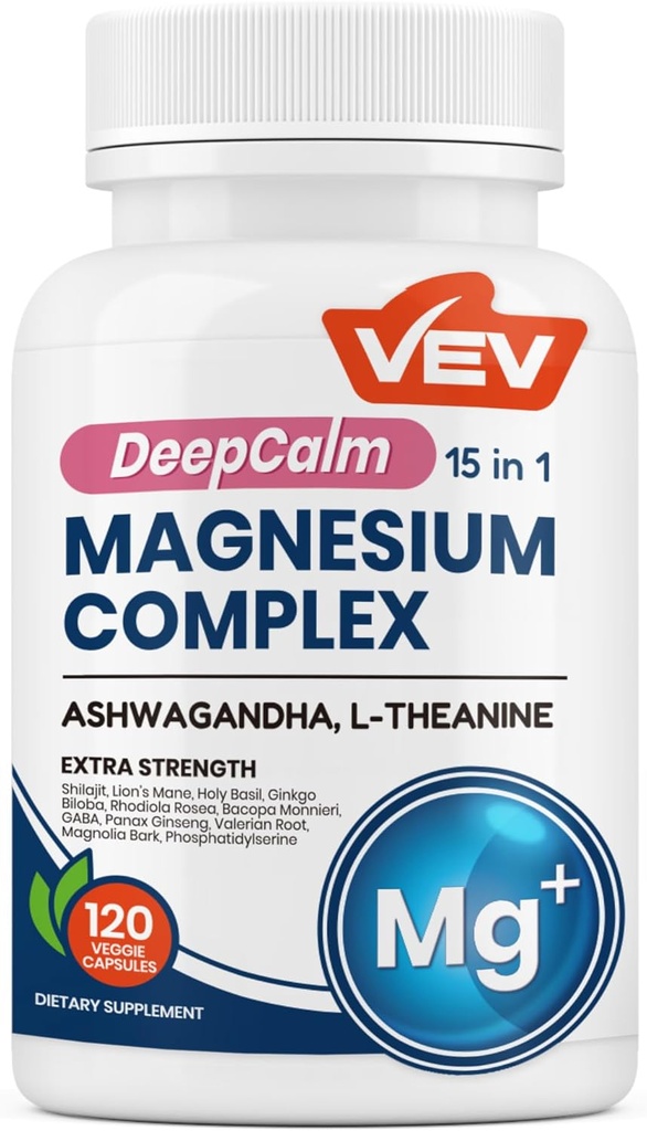 VEV DeepCalm 15 に 1 マグネシウムのグリシナート&クエン酸塩コンプレックスカプセル, 女性のためのコルチゾールサプリメント – 簡単にアシュワガンダとフォーミュラを取る & L-テアニン, 120 ビーガンカプセル