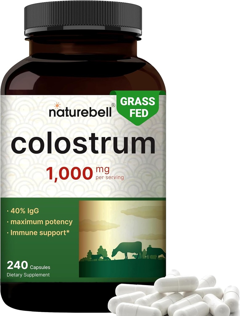 NatureBell Bovine Colostrum Supplement 1,000mg / サービングあたり, 240 カプセル | 40% IgG Colostrum Powder for Gut Health, Bloating, 皮膚, 髪 & 免疫サポート – 非GMO