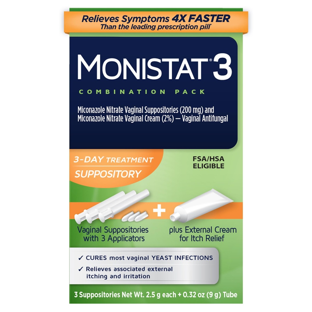 女性のためのMonistat 3-Day Yeastの感染症の処置、3 Miconazoleの腟の坐骨及び外的なItchの救助のクリーム(9gの管)のコンボのパック