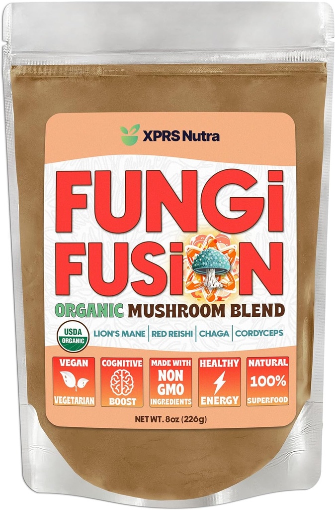 XPRS Nutraの真菌の融合の有機のきのこの粉のブレンド、ライオンのマネ、Reishi、Chaga、精神、認知、エネルギーおよび免除のためのCordyceps - 8つのOunce